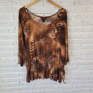 Vue Point Womens Top 2X 3/4 Sleeve Brown Animal Print Travel Knit Office ANI53E